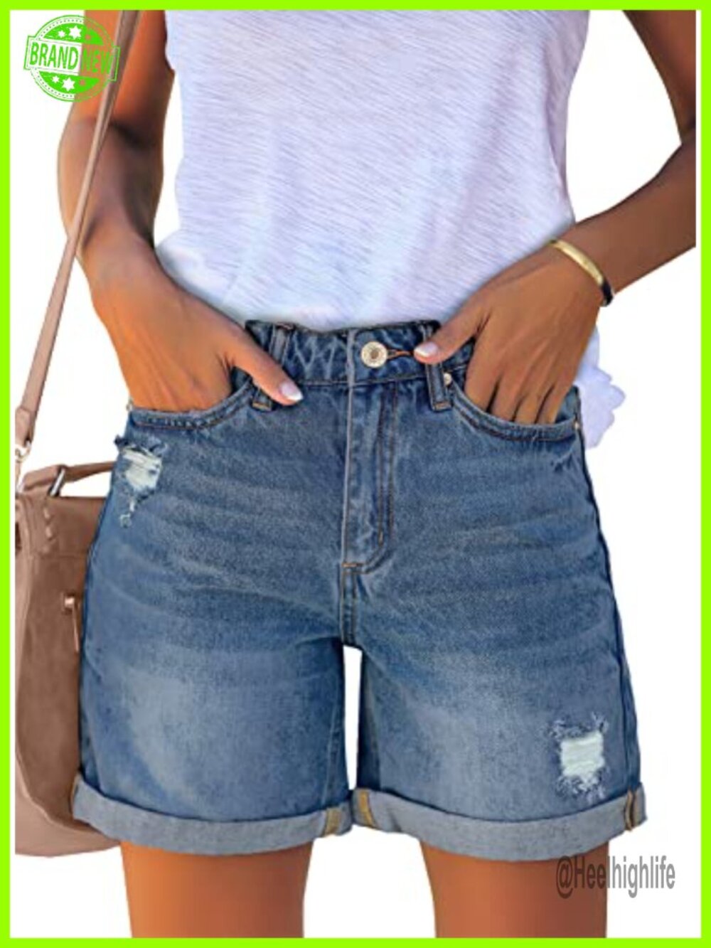 High Waisted Ripped Denim Shorts with Rolled Hem, 5 Pockets, Distressed